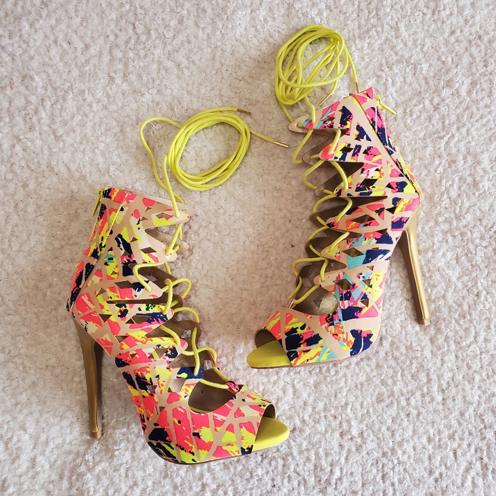 Neon Lace up High Heels NIB